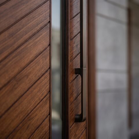 Massive dark wood double heighted pivot door with diagonal patterns and a glass slit on a modern grey stone facade.